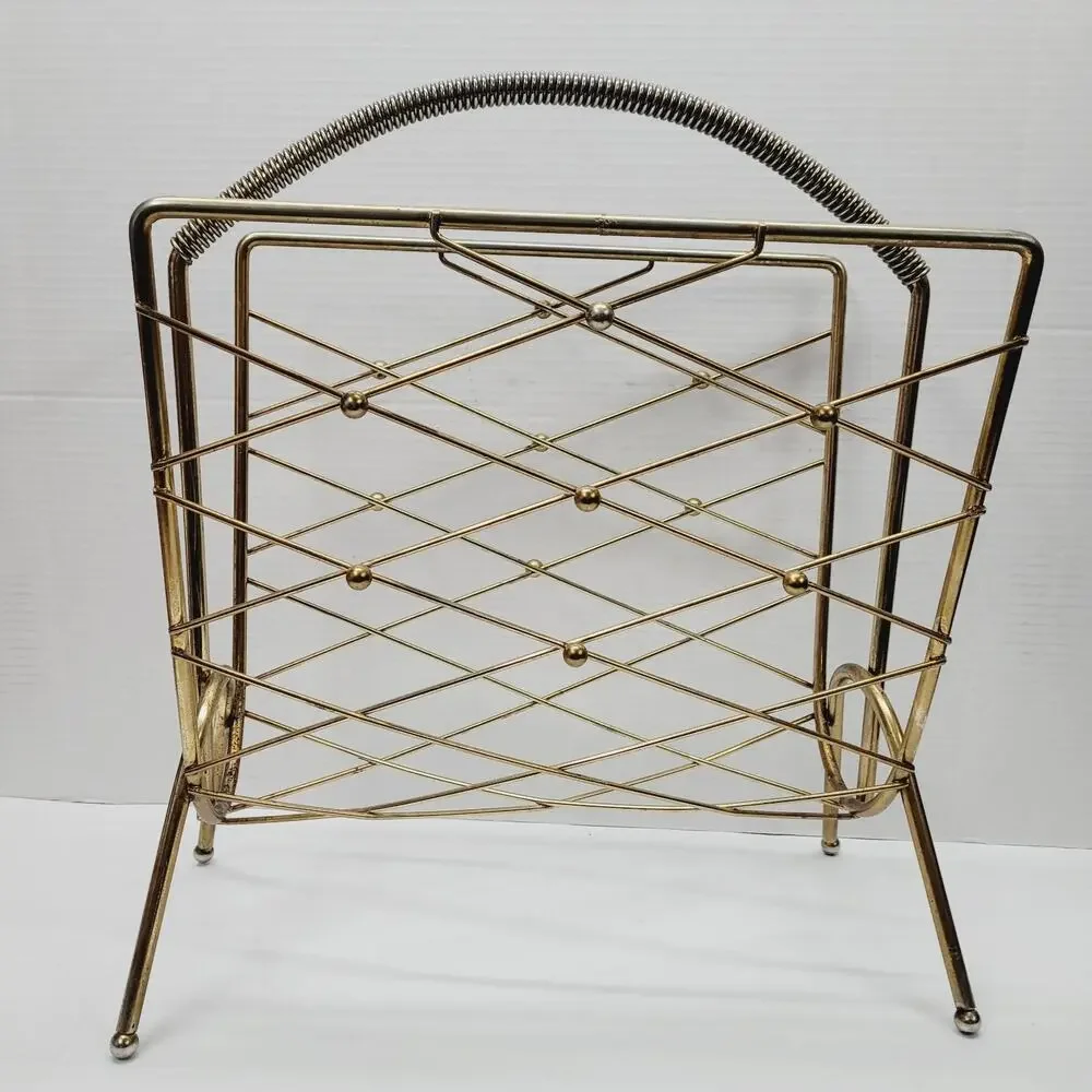 Vtg MCM ATOMIC Diamond Magazine Rack Holder Gold Brass Plate Wire Wrapped Handle